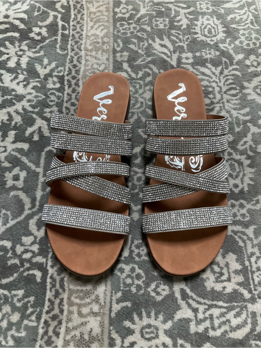 Very G Silver Rhinestone Multi-Strap Slide Sandals
